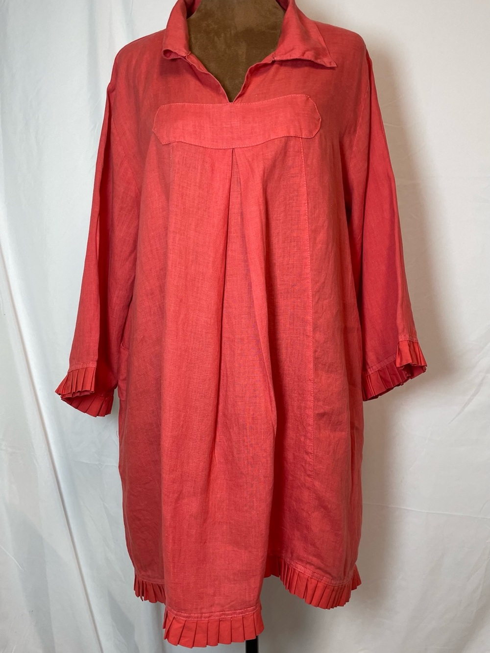 Embellish Women’s Coral Red Pleated Hem Linen Blend Dress Size L/XL